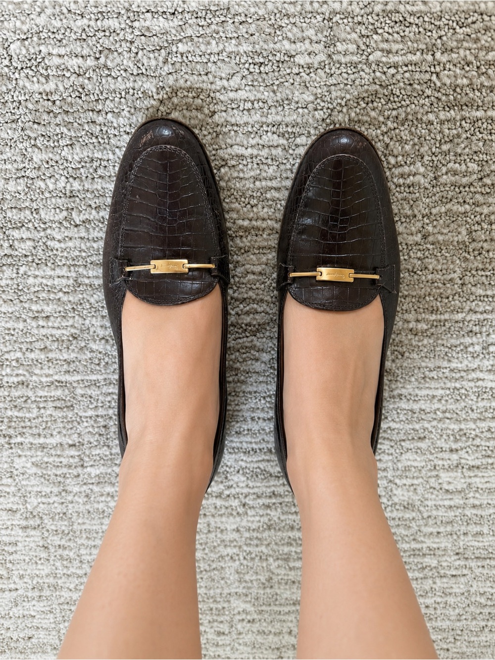 Salvatore Ferragamo Brown Croc-Embossed Leather Pump with Gold Logo